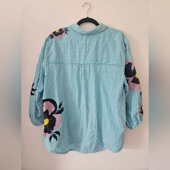 Anthropologie Maeve Floral Embroidered Buttondown Shirt Size XL Preppy - Picture 8 of 14